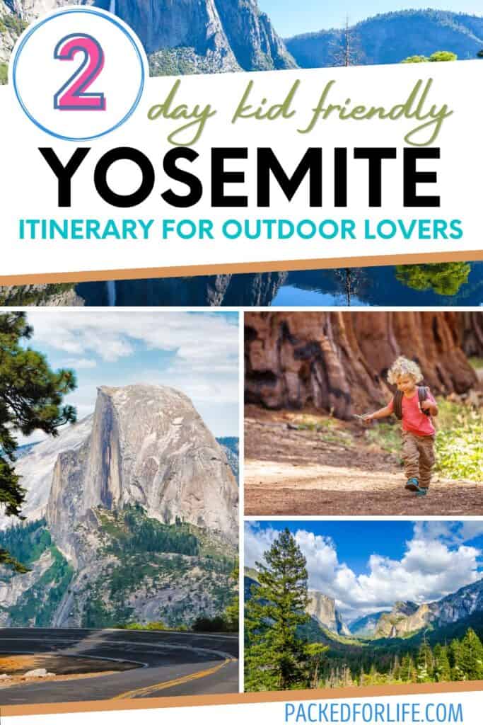 Yosemite with Kids ideas; family hiking through big trees, and along trails.
