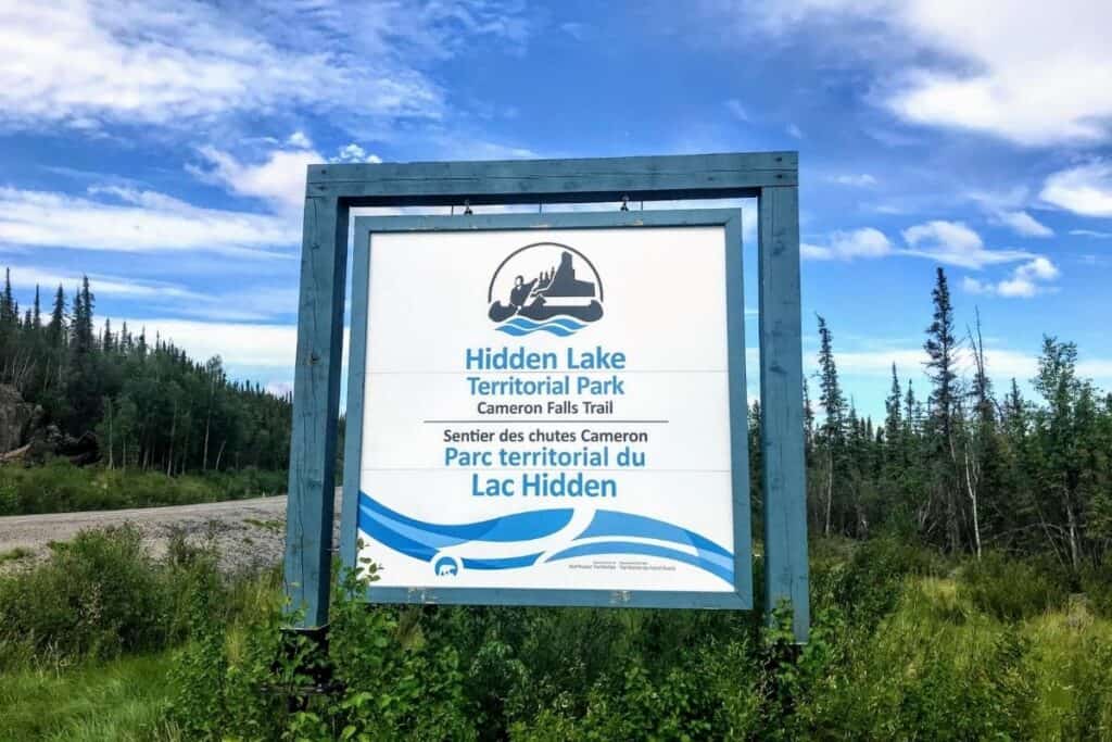 Picture of Ingraham Trail signage 
 which says Hidden Lake Territorial Park, Cameron Falls Trail.