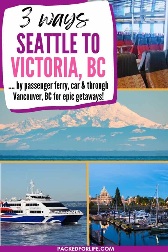 3 Ways to get from Seattle to Victoria, BC. Clipper ferry, snow capped mountain in tha backgorund off the ocean and Clipper Ferry.