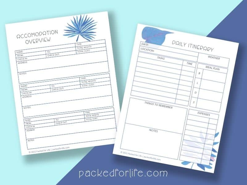 Printable templates accommodations and daily itinerary fanned out.