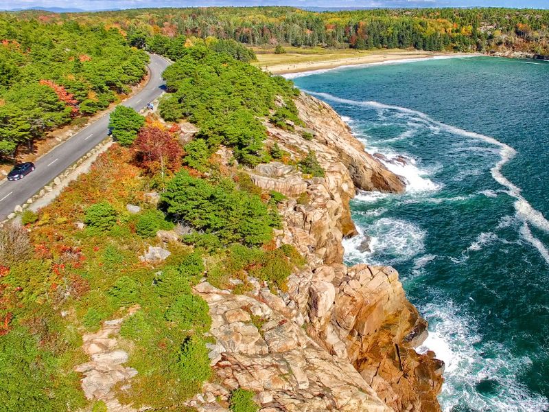 Famous Maine attraction, Acadia National Park coastline on a sunny day
