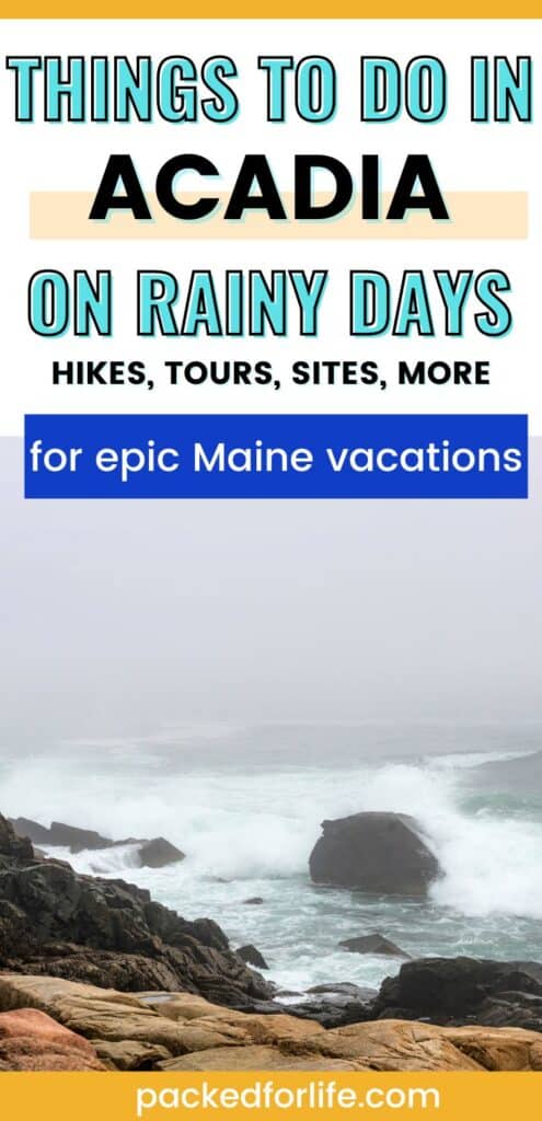 Rainy foggy ocean waves crahings against rocks in Acadia National Park. 