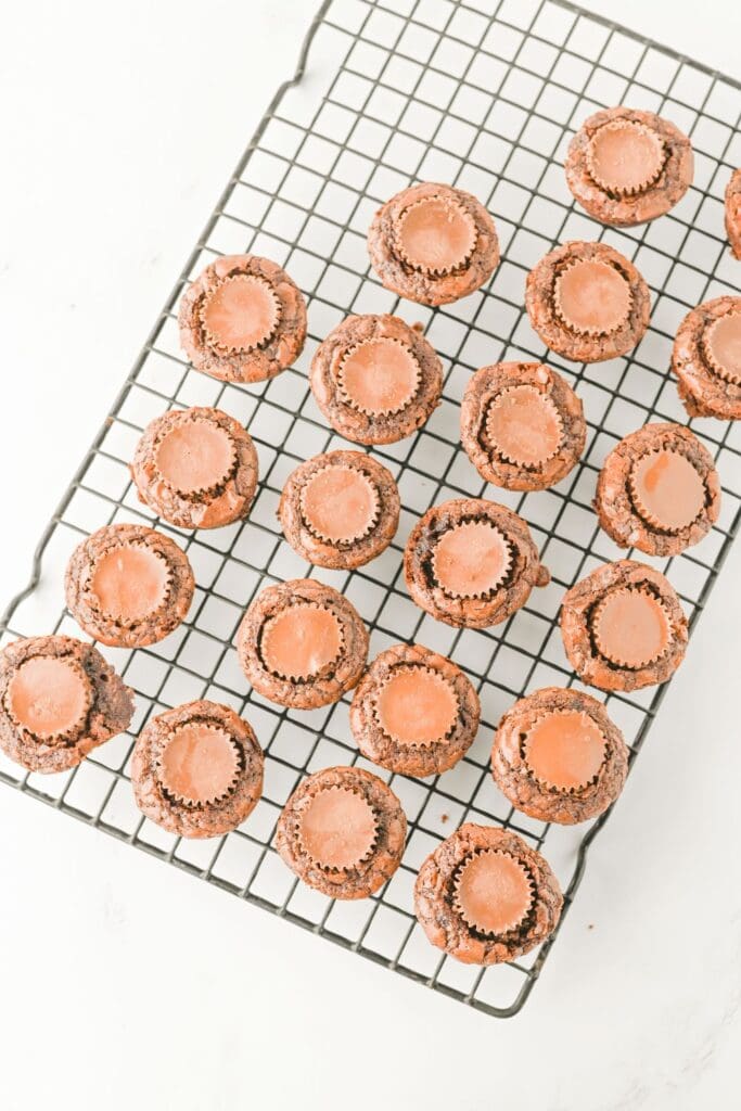 Freshly baked brownie bites with Reese’s mini cups pressed into the centers, cooling on a wire rack. The chocolate-peanut butter treats are arranged in neat rows, ready for decorating.