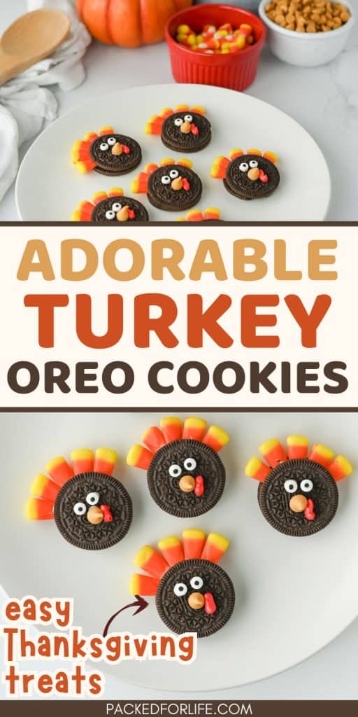 Plate of Oreo cookies decorated as turkey faces with candy corn feathers, candy eyes, and frosting beaks and wattles. Background includes candy corn, goldfish crackers, a wooden spoon, and a mini pumpkin. Text overlay reads “Adorable Turkey Oreo Cookies” and “Easy Thanksgiving treats."