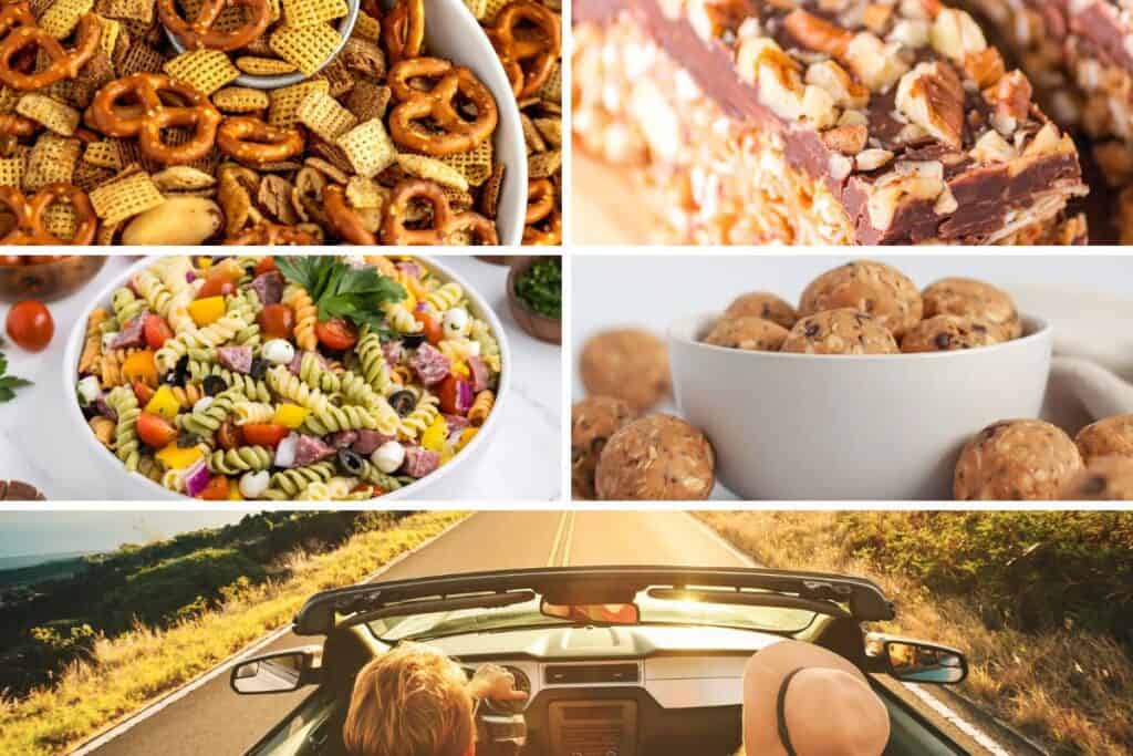 A collage of adult road trip snacks from snack mixes to pasta salad, granola bars and protein balls. Plus a picture of two people in a convertible on a road trip.