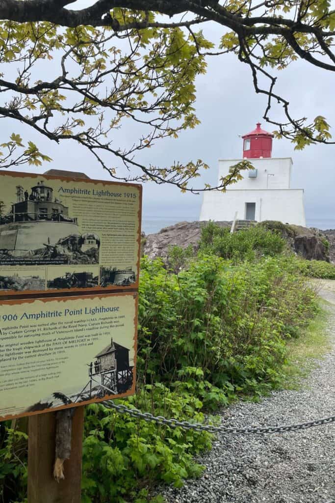 Amphrite Lighthouse on a grey day in Ucluelet BC.