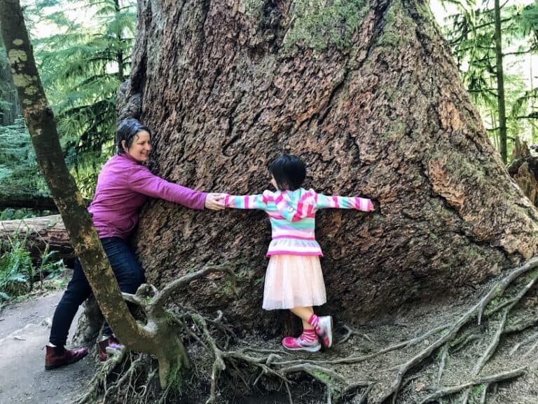 Mom and daughter wrapping arms around a huge tree trunk.