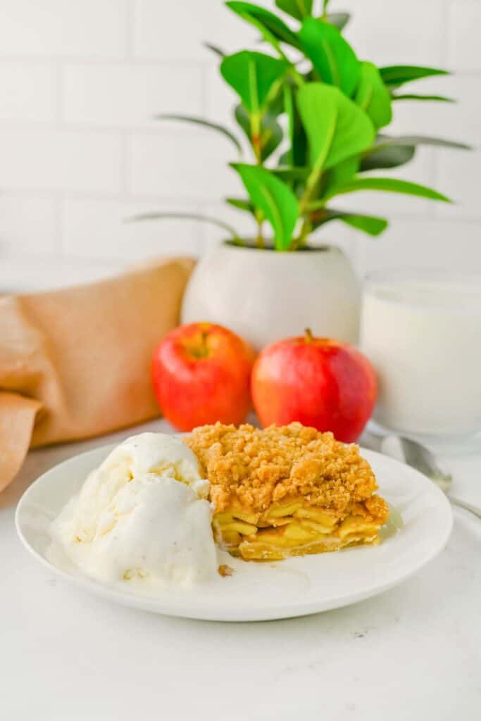 Apple crisp bars layered with sliced cinnamon apples and a golden crumb topping served with melting vanilla ice cream. Two red apples and a green potted plant sit in the background.