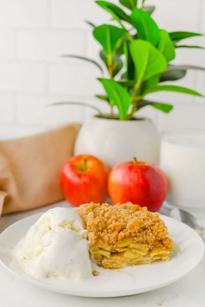 Apple crisp bars layered with sliced cinnamon apples and a golden crumb topping served with melting vanilla ice cream. Two red apples and a green potted plant sit in the background.