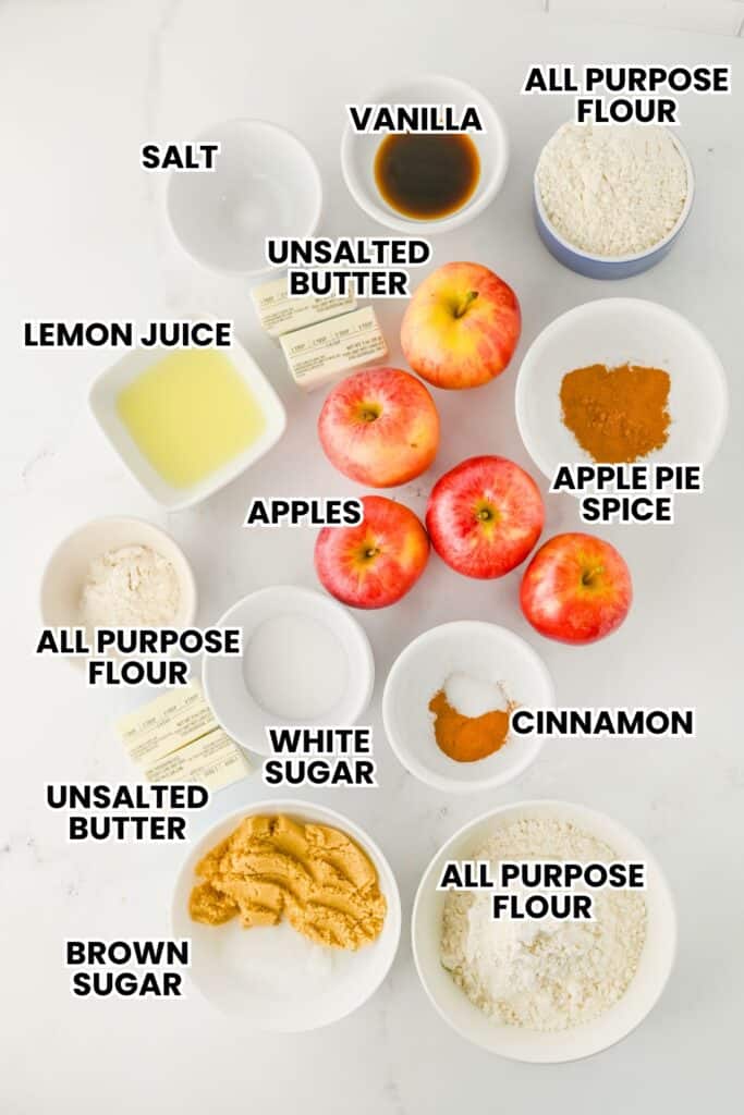 Overhead view of apple pie bars ingredients arranged in bowls and dishes. Labels read "Salt." "Vanilla." "All Purpose Flour." "Unsalted Butter." "Lemon Juice." "Apples." "Apple Pie Spice." "All Purpose Flour." "White Sugar." "Unsalted Butter." "Cinnamon." "Brown Sugar." "All Purpose Flour."