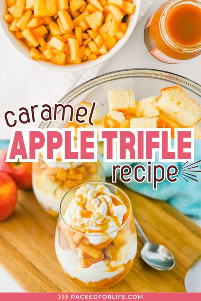 Glass trifle layered with whipped cream, caramel, apple filling, and pound cake cubes alongside ingredients on a wooden board. An easy option for simple apple desserts.