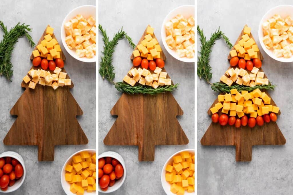 Three photos showing a Christmas Tree shaped cheese board with rows of cubed cheese, cherry tomatoes and fresh rosemary sprigs. 