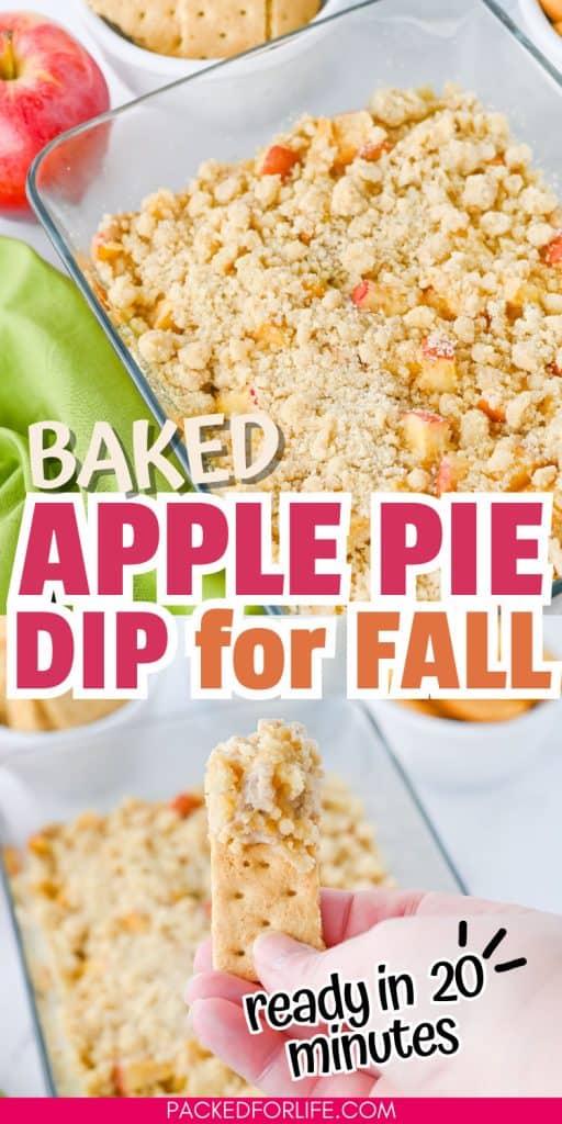 Hand holding a cracker dipped into a warm apple crumble mixture in a glass baking dish, perfect for fall dips and appetizers.