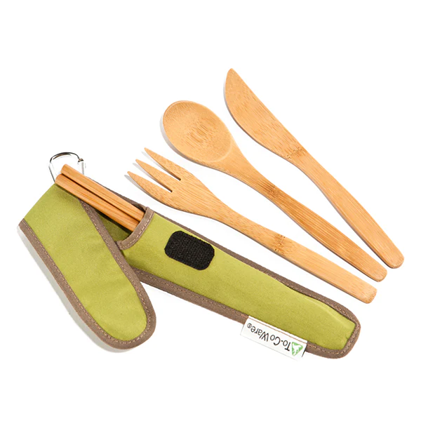 A set of bamboo utensils in a cloth carrying case. An Eco friendly gift idea for tweens. 