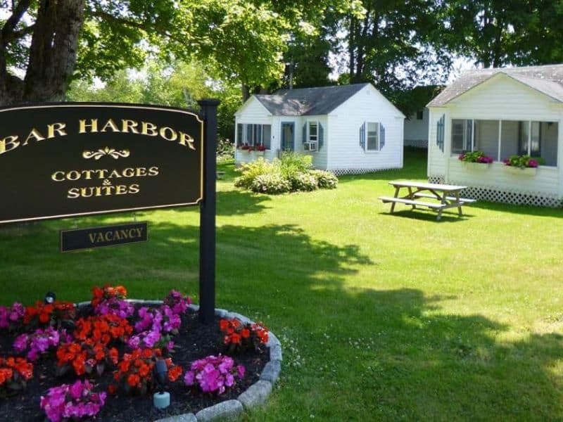 Two cute cottages with lawn and flower gardens in Maine.