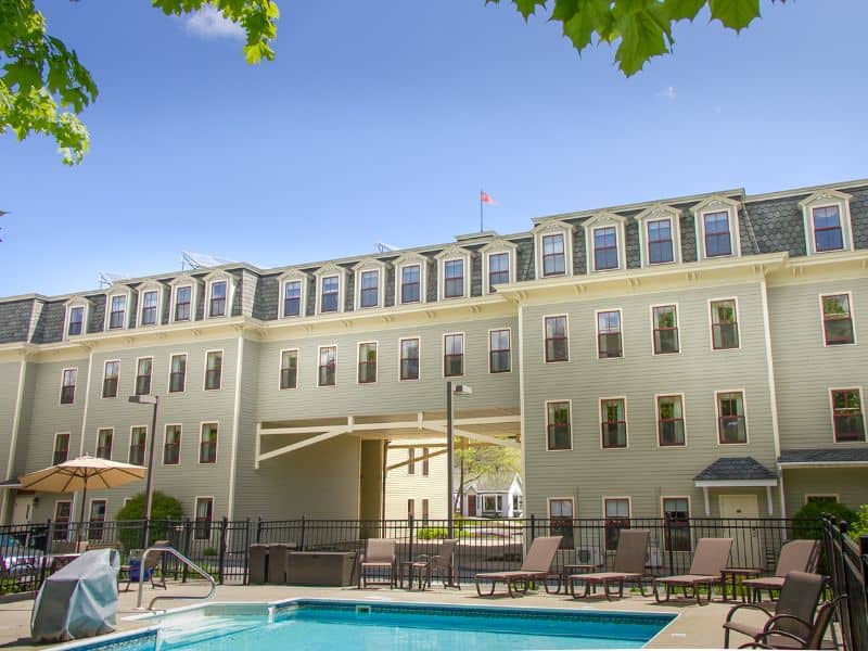 Bar Harbor Grand Hotel and pool area.