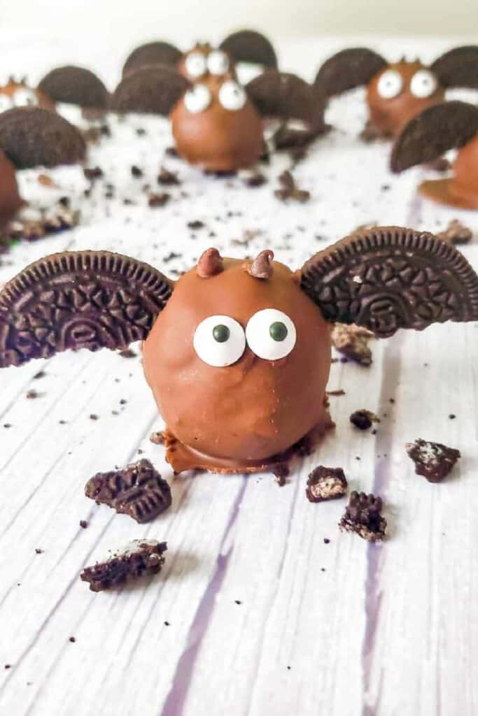 Bat truffle covered in chocolate with oreo wings and candy eyes. 
