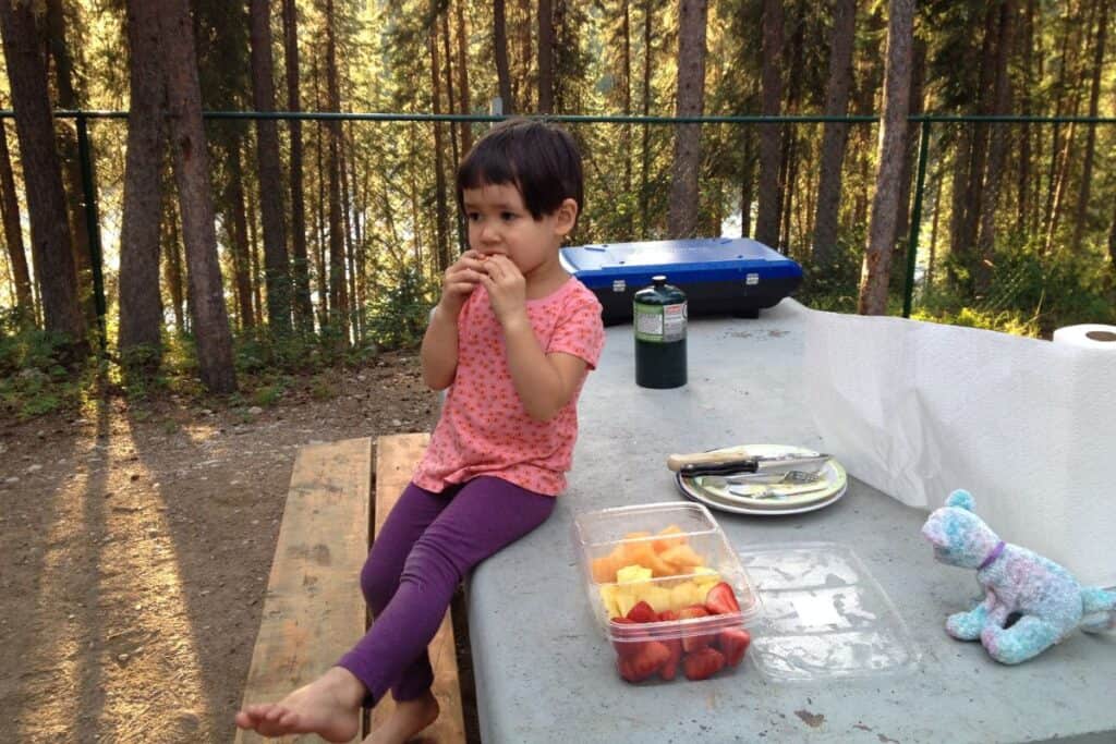 Young girl eating fruit, sitting on a picnic table, with a forest behind her.
