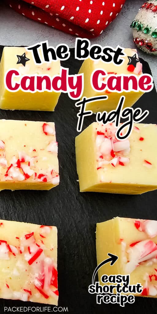Small square pieces of creamy peppermint candy fudge with crushed candy cane pieces rest on a dark board, offering a festive option for easy Christmas party treats.