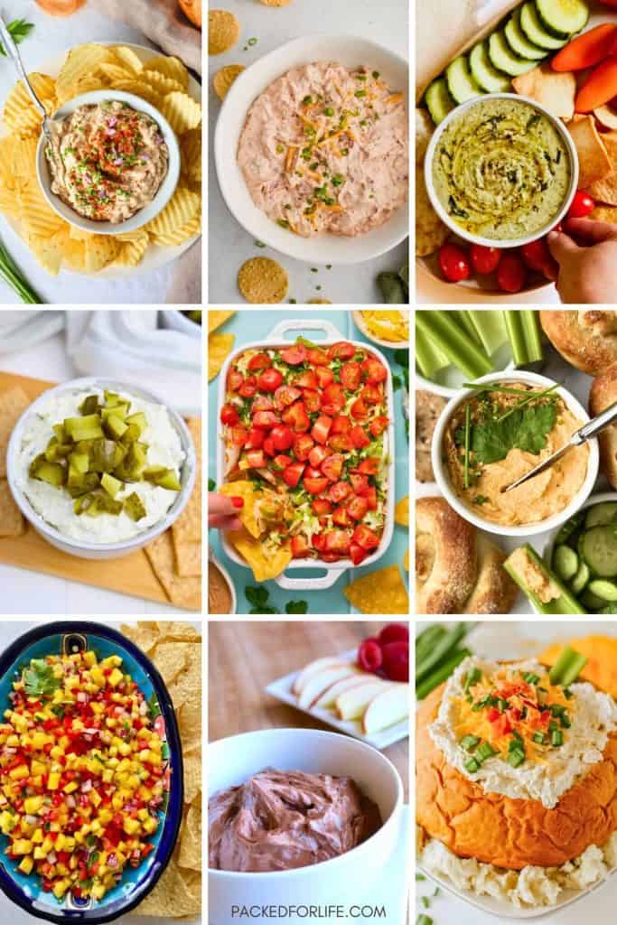 Collage of cold game day dips, including creamy onion dip with potato chips, cheesy bacon dip, herbed hummus with fresh veggies, dill pickle dip, layered taco dip with tomatoes and lettuce, hummus with celery and pretzels, peach salsa with tortilla chips, chocolate dessert dip with apples, and a loaded bread bowl dip topped with shredded cheese and green onions.