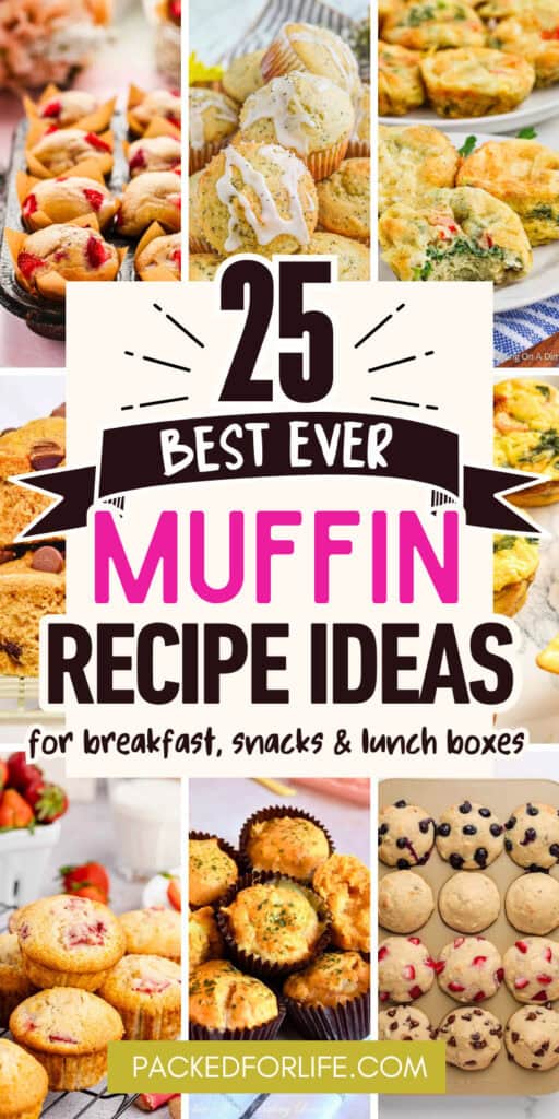 A collage of sweet and savory muffins including strawberry muffins, lemon poppy seed muffins, broccoli egg muffins, chocolate chip muffins, mini egg muffins, savory cheese muffins, blueberry muffins, and cookie-style muffins, featuring easy baking and muffin recipes that are perfect for breakfast, lunchboxes, after-school snacks, and make-ahead meal prep.