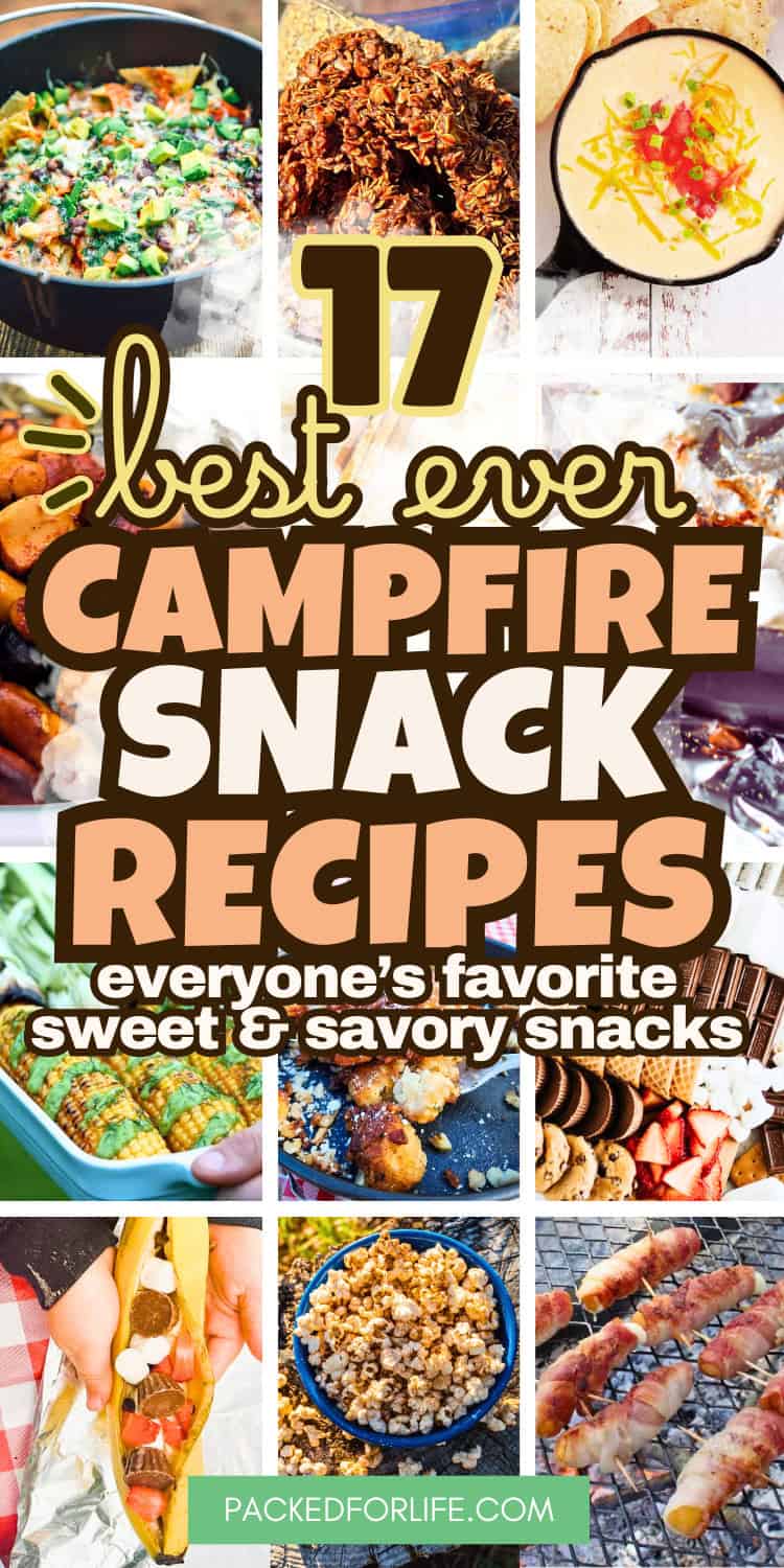 A fun collage of grilled corn, bacon-wrapped skewers, banana boats, popcorn, cookies, and warm cheesy dips cooked over a fire, highlighting campfire foods for outdoor sweet and savory snacks.