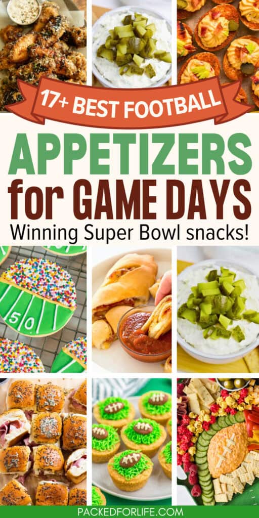 A collage of Super Bowl snack ideas and appetizers including wings, dips, sliders, football-themed desserts, and party platters for game day gatherings.