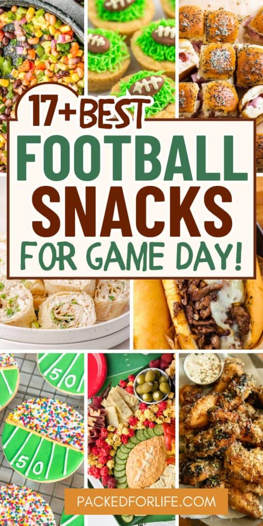 Collage of colorful game day finger food snacks including sliders, football-decorated cookies, cheesy wings, pinwheels, corn and bean dip, and a football-shaped cheese ball on a party platter.