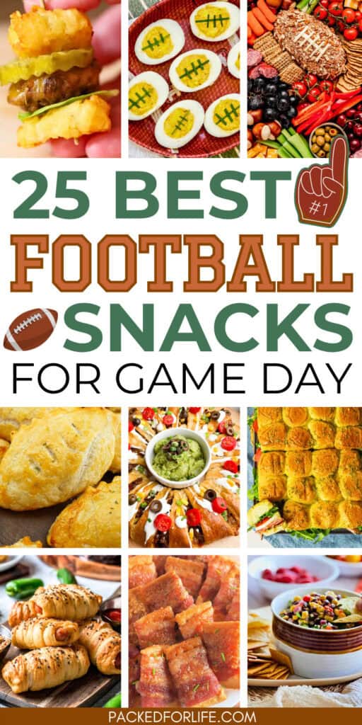 A colorful grid of Football Food Ideas Snacks including cheesy dips, sliders, deviled eggs with football laces, veggie trays, pigs in a blanket, and crispy bacon bites perfect for game day.