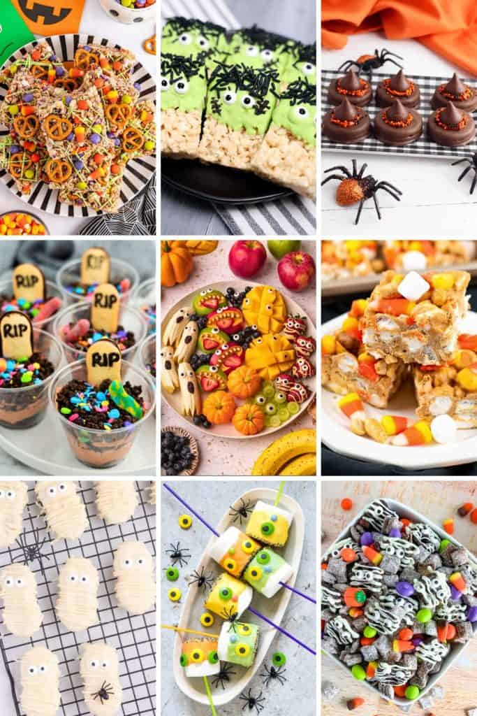 Collage of the best no bake Halloween treats including Frankenstein Rice Krispie squares, witch hat cookies, spooky dirt cups with gummy worms and RIP cookies, white chocolate mummy snacks, monster marshmallow pops, and Halloween-themed snack mix with candy eyes and pretzels. Colorful and festive treats are decorated with candy corn, sprinkles, and edible eyes for a fun Halloween party spread.
