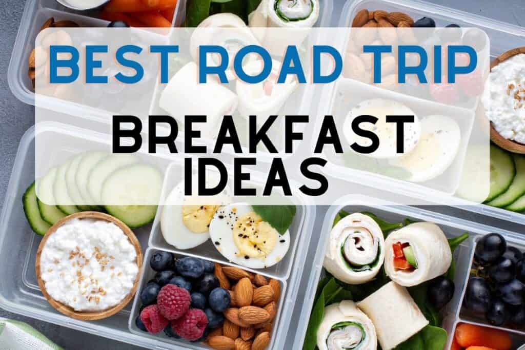 Bento box with fruit, boiled eggs, sandwich rolls, almonds. Best road trip breakfast ideas.
