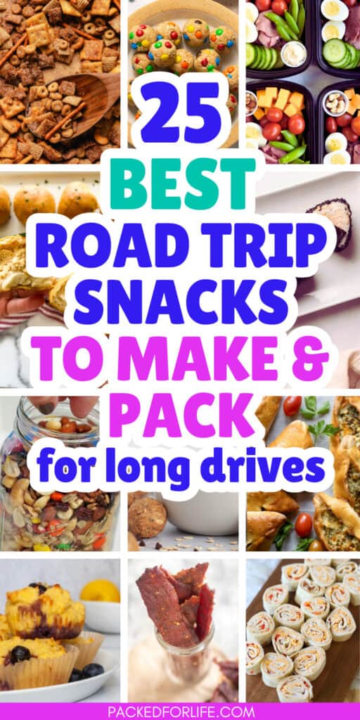 A collage of various easy road trip snacks to make and pack including Chex snack mixes, protein snack boxes, trail mix, pinwheel sandwiches, lemon blueberry muffins, beef jerky.