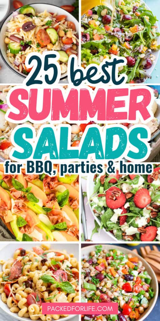 Collage of colorful pasta salads, leafy green salads, fruit salads, and vegetable salads in bowls and platters, representing Best Summer Bbq Salads and easy BBQ side dishes for cookouts, potlucks, and warm-weather gatherings.