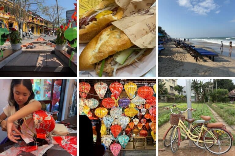 Collage of family-friendly scenes in Hoi An including a lantern making activity with a young girl, colorful hanging lanterns at night, An Bang beach with lounge chairs, local banh mi sandwiches, a quiet Ancient Town street with yellow buildings, and bicycles parked along a path in Tra Que Village.