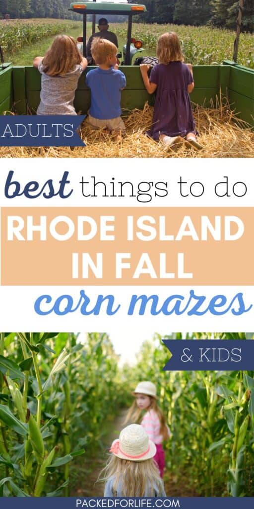 3 young kids on a hayride, and 2 young girls in a corn maze. Best things to do, Rhode Island in Fall, corn mazes. 