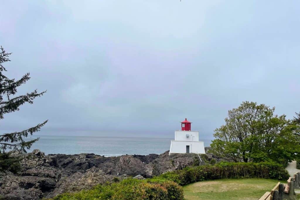 Lighthouse on hiking trail in Ucluelet BC