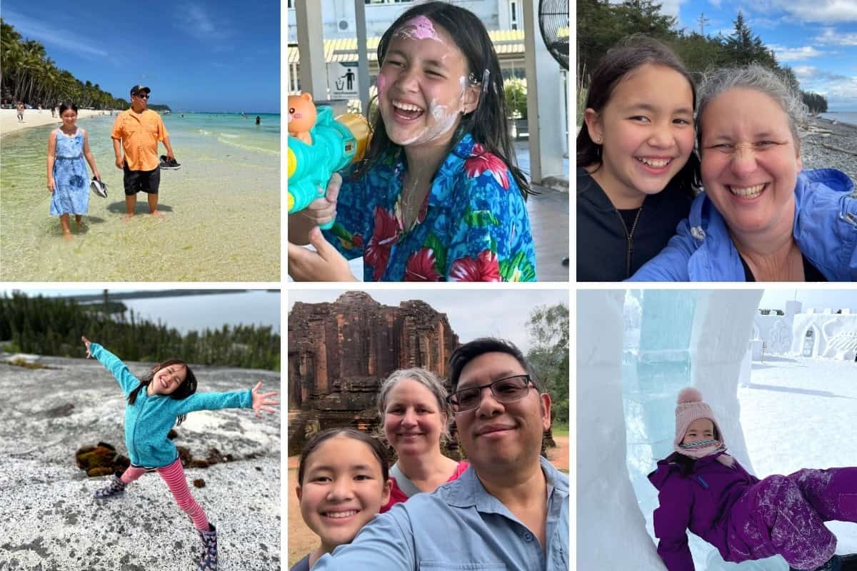 A family of three (mother, daughter, father) in a variety of travel settings from anicent ruins, beaches, and snow castle to water fights of Songkran in Thailand.