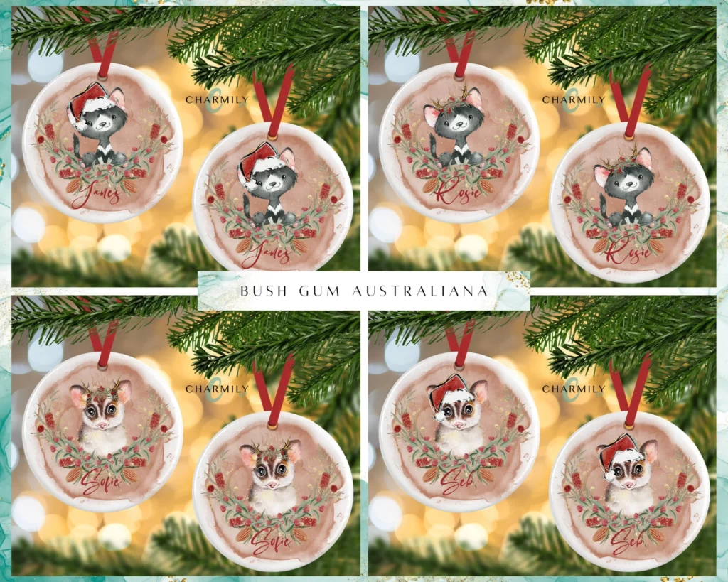 Eight personalized wooden Christmas ornaments with cute Australian animals on them.