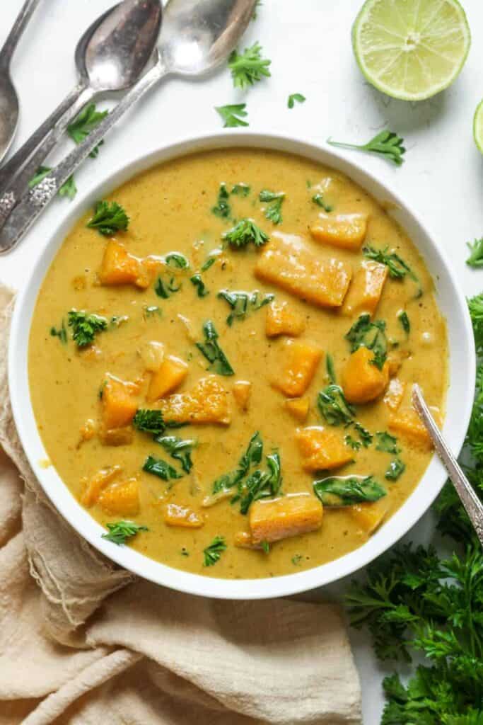 Bowl of butternut squash curry fall dinner recipe.