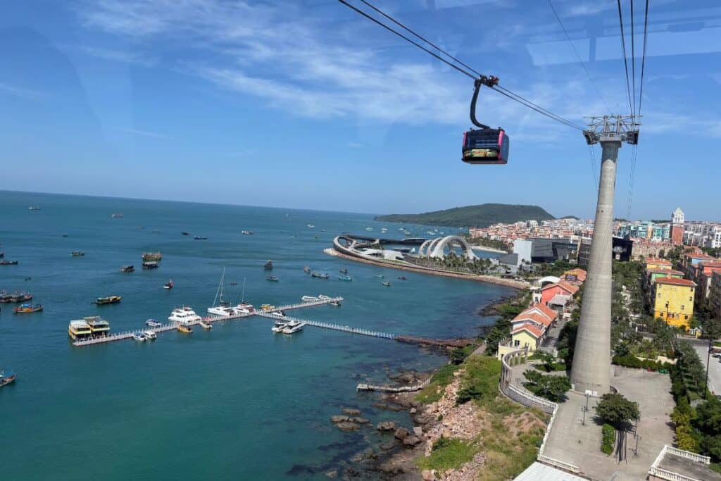 View of a cable car, ocean and Phu Quoc Island. 