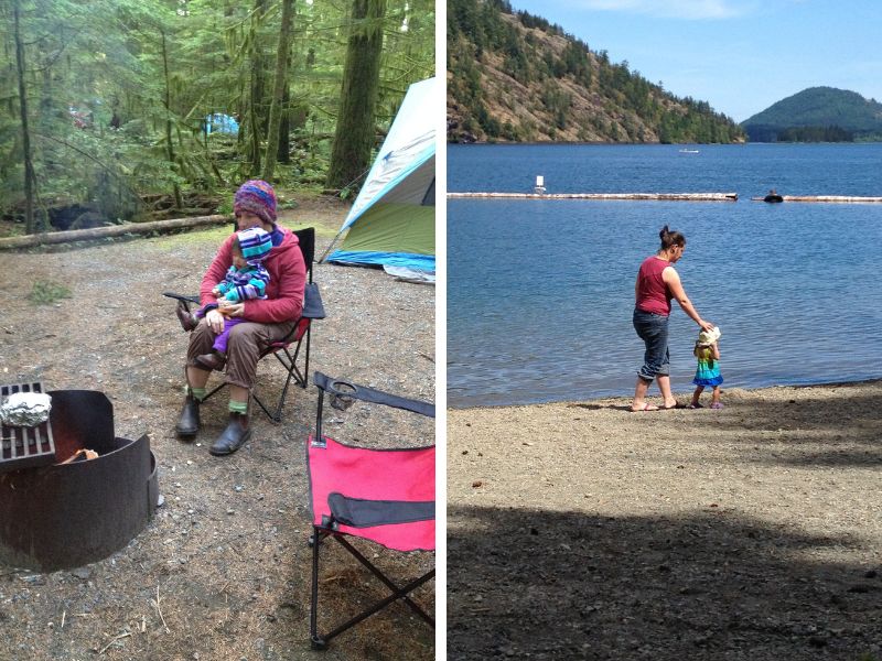 Twp pictures. Mom and toddler sitting in camp chair by campfire, and a mom holding a toddler girls hand by the lakeshore and hills in the background.