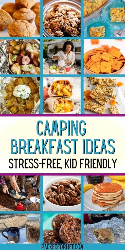 15 easy camping breakfasts in rows; pancakes, granola, egg sandwich, foil acket potatoes and sausage, muffins. 