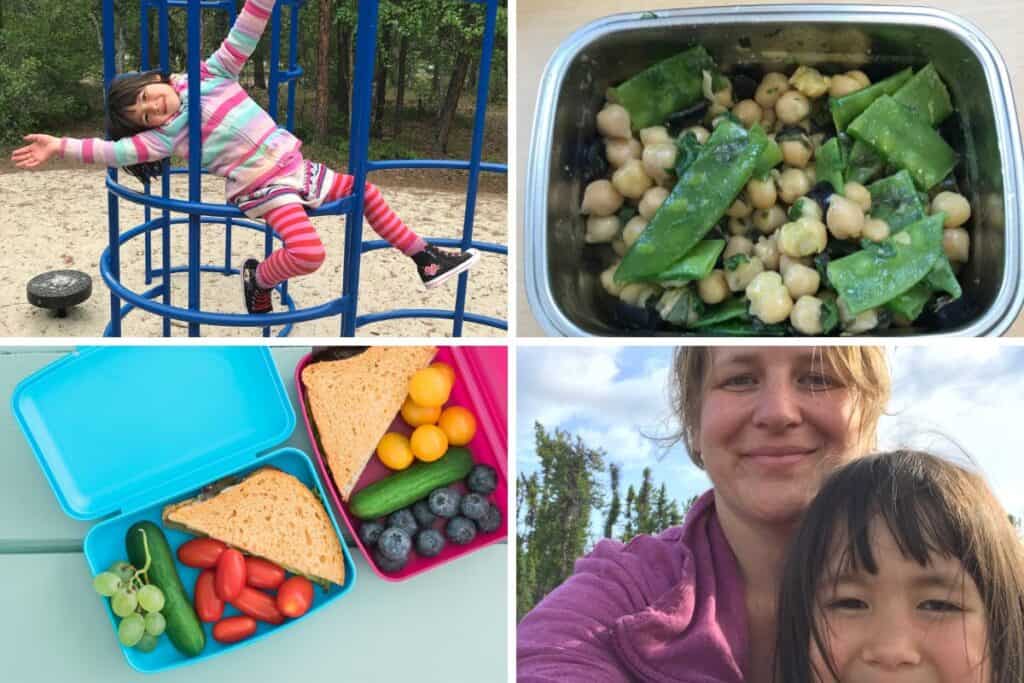 No cook camping lunch ideas; chickpea salad with sugar snap peas and sandwiches, cherry tomatoes and mini cucumbers.