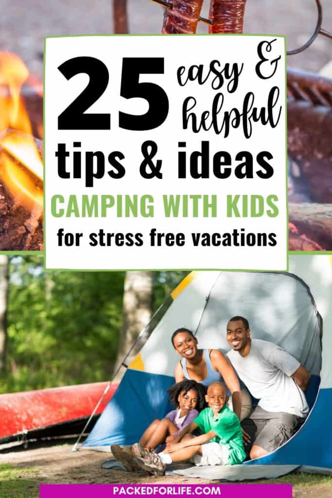 camping with kids tips. Young black family smiling in front of a tent, and a campfire.