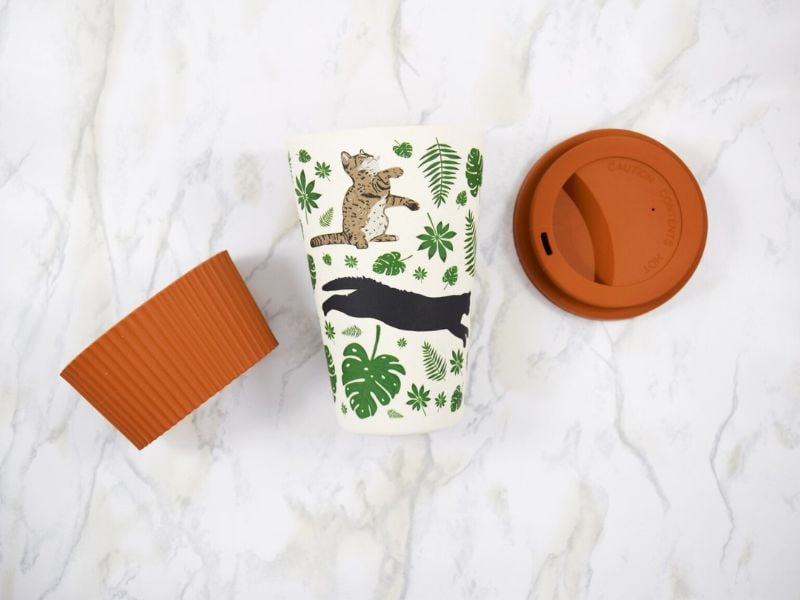 Cat themed eco gift, a bamboo mug with lid and sleeve. 