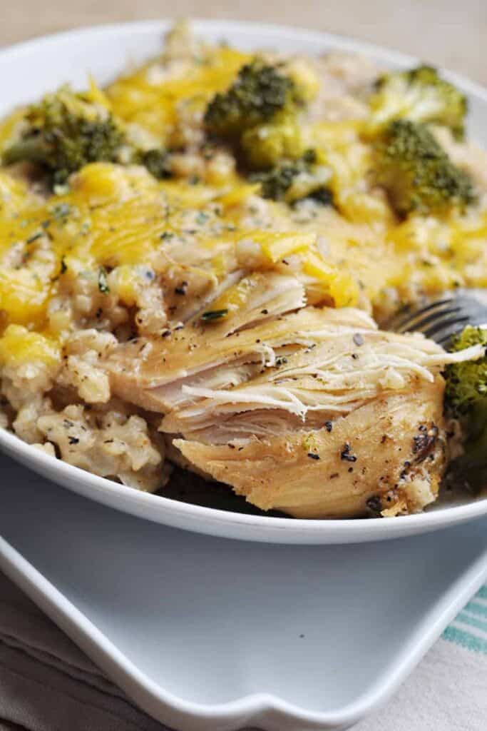 Close up of creamy Chicken Divan with saucy rice and broccoli.