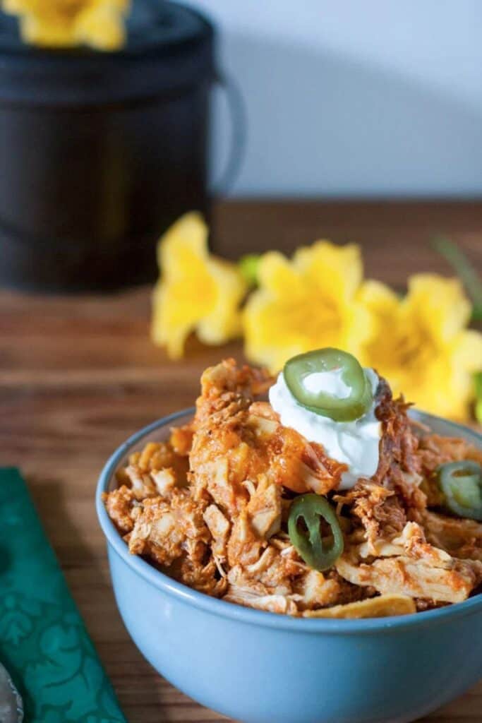 Small bowl of Chicken enchilada casserole topped with sour cream and a jalapeno slice. 