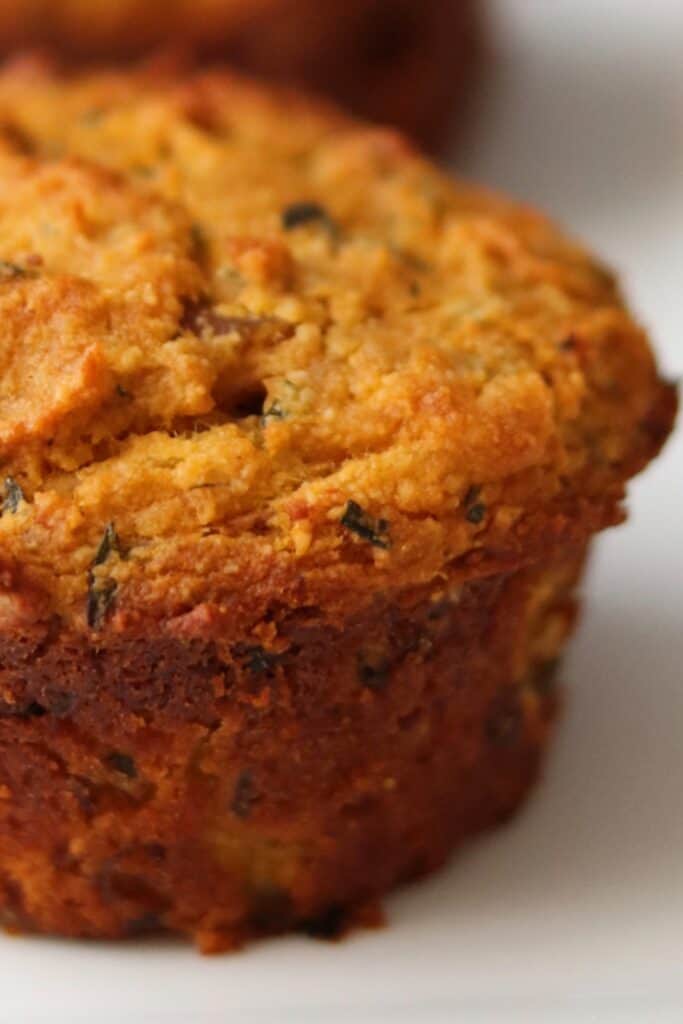 Close up of savory chicken muffins baked to a deep golden brown with a slightly crisp exterior and tender, moist center. The muffin shape makes them easy to portion and serve, with visible herbs and bits of chicken throughout