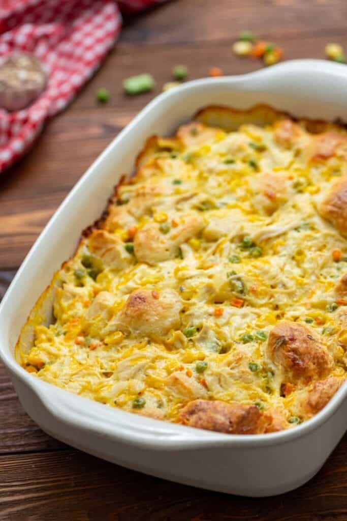 Casserole dish of chicken pot pie bubble up casserole. 