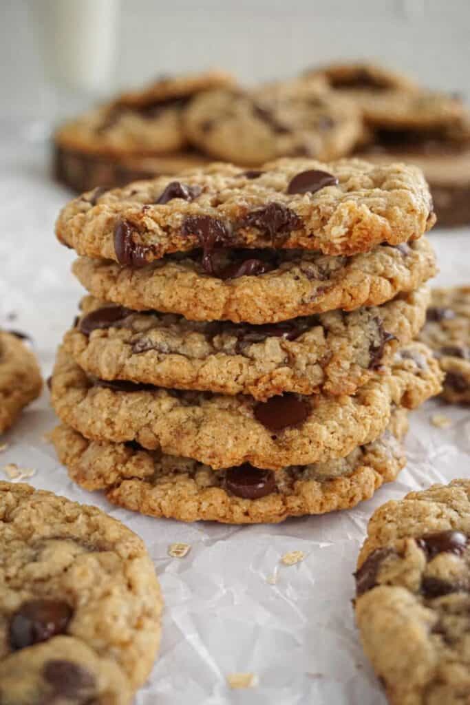 Stack of five chocolate chip oatmeal cookies. 